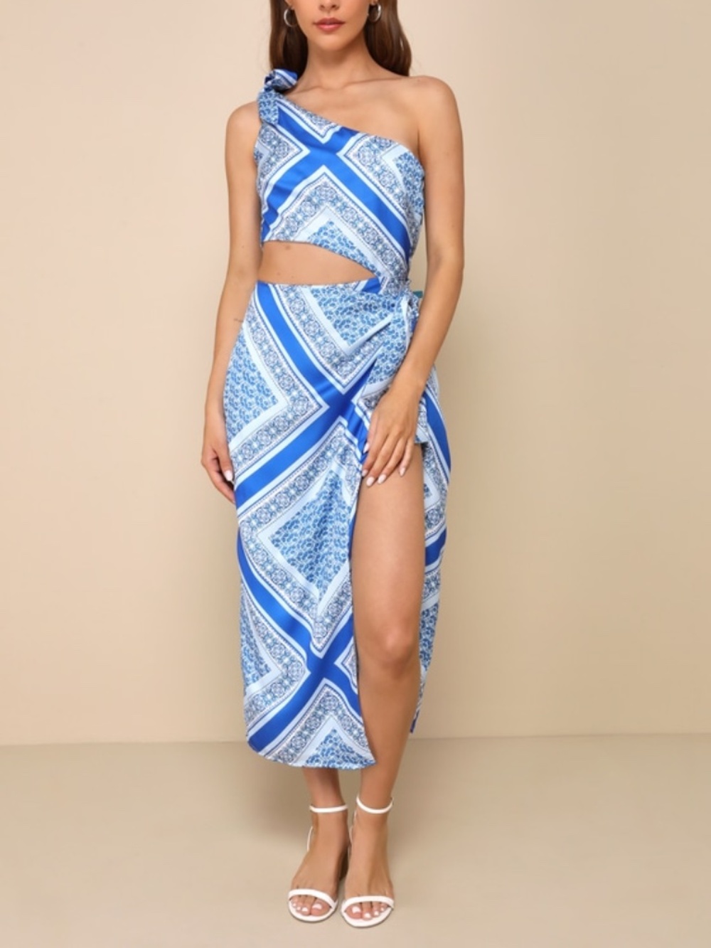 Lulus Vacay Beauty Blue Scarf Print One-shoulder Tie-strap Midi Dress - Size M